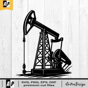 Puede incluir: Silueta en blanco y negro de un balancín petrolero. La imagen presenta el balancín con su distintiva viga y estructura de torre. El texto "SVG, PNG, EPS, DXF premium cut files" está en la parte inferior.