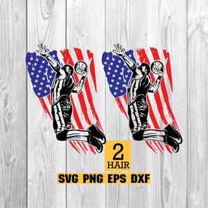 May include: Two black and white silhouette images of a basketball player dunking with a basketball in hand. The player is silhouetted against a red, white, and blue American flag.