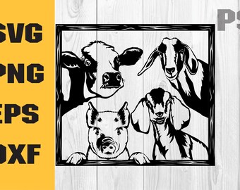 Può includere: Silhouette in bianco e nero di una mucca, un maiale e due capre che guardano attraverso una cornice di legno. Gli animali guardano lo spettatore.