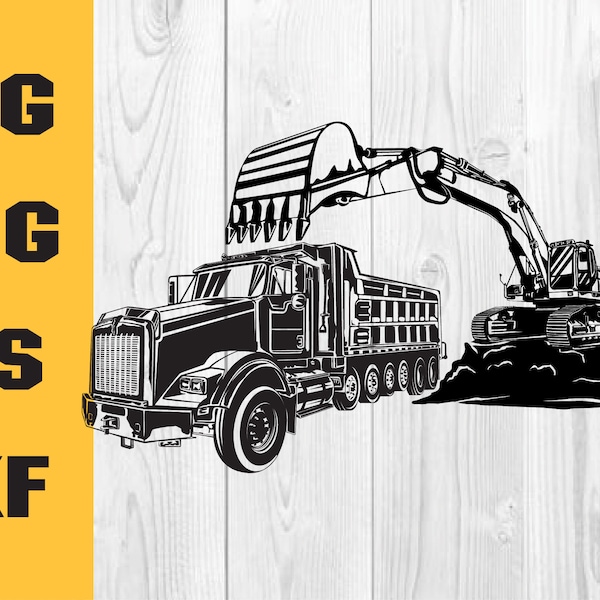 Dump Truck with Track Hoe svg, Excavator Clipart, Heavy Equipment Cut File, Trucker Driver Dad, Digital Download Clipart