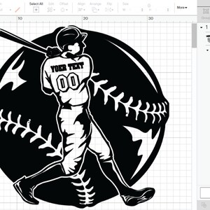 May include: Black and white silhouette of a baseball player swinging a bat with a baseball behind him. The player is wearing a jersey with the text "YOUR TEXT 00" on the back.