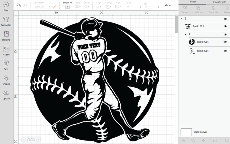 May include: Black and white silhouette of a baseball player swinging a bat with a baseball behind him. The player is wearing a jersey with the text "YOUR TEXT 00" on the back.