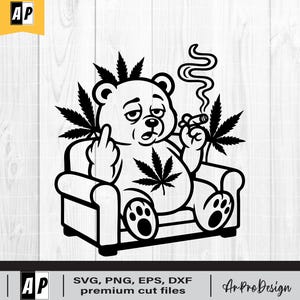 May include: Black and white graphic of a bear sitting in a chair, smoking a cigarette, and giving the middle finger. Marijuana leaves are incorporated into the design. The image includes the text "SVG, PNG, EPS, DXF premium cut files" and the ArProDesign logo.
