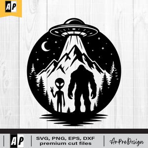 Pie Grande y extraterrestre bajo la luna Svg, Pie Grande Svg, Extraterrestre Svg, OVNI Svg, Yeti Svg, Cricut y silueta, imprimible, vector, PNG Dxf Eps