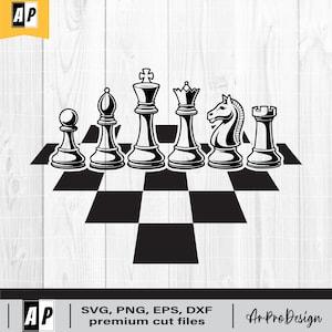 Chess SVG, King Queen Knight Chess Pieces with Checkered Board, Classic Game Design for Cricut, PNG DXF Eps