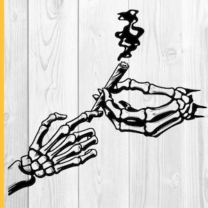 May include: Two black skeletal hands holding a lit joint with smoke rising from it.