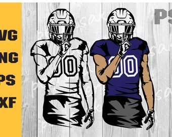 May include: Two football players wearing helmets and jerseys with the number 00. One player is wearing a white jersey and the other is wearing a purple jersey. Both players are making a shushing gesture with their hands.
