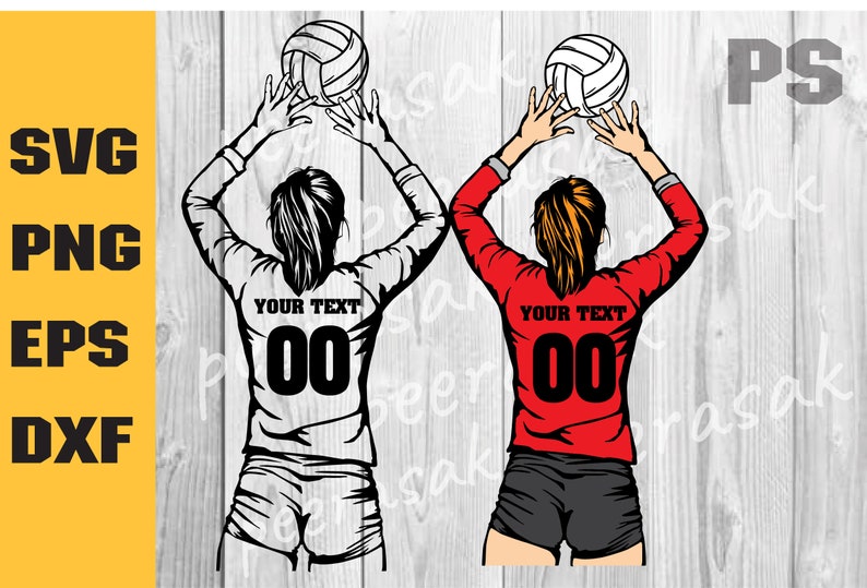May include: Two volleyball players in different colored jerseys, one white and one red, are shown from behind as they spike a volleyball. Both players are wearing black shorts and have their hair pulled back. The jerseys have the text "YOUR TEXT" and the number "00" on the back.