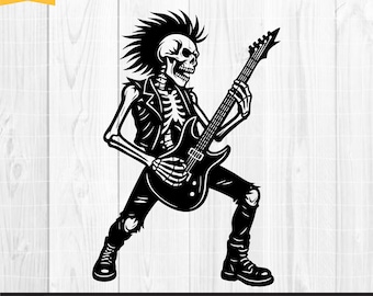 Skeleton Guitarist Svg, Punk Rock Skeleton Svg, Rock Skull Svg, Metal Band Guitarist Svg, Punk Rock Clipart, Cricut Cut Files, Png Dxf Eps