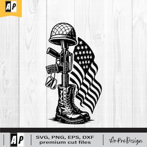May include: Black and white illustration of a military memorial. A helmet, rifle, dog tags, and combat boots are positioned in front of a waving American flag. The image includes the text "SVG, PNG, EPS, DXF premium cut files" and the "Ar ProDesign" logo.