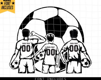 May include: Black and white silhouette of three soccer players standing in front of a soccer ball. The players are wearing jerseys with numbers and the text "Your Text".
