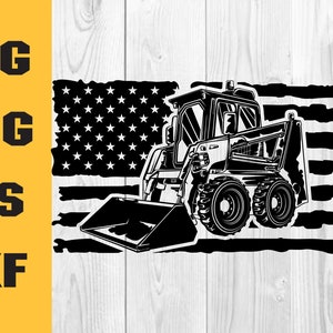 May include: Black and white silhouette of a skid steer loader with a bucket in front of a distressed American flag.
