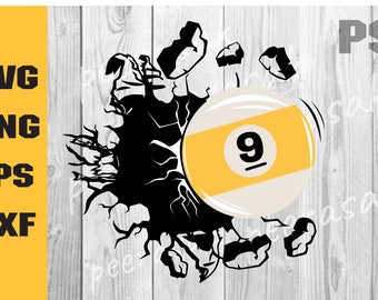 May include: A black and white illustration of a pool ball with the number 9 on it breaking through a cracked wall. The ball is yellow and white.