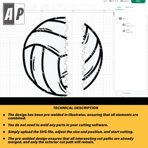 May include: Black and white illustration of a volleyball cut in half. The design is pre-welded, ensuring all elements are combined. The design is ready to be cut using a cutting machine.