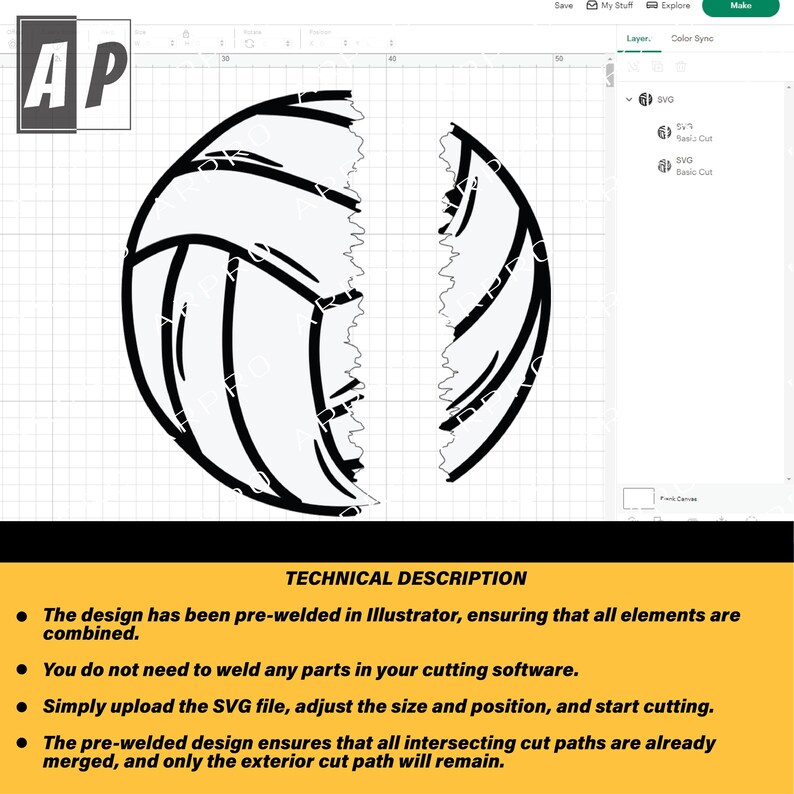 May include: Black and white illustration of a volleyball cut in half. The design is pre-welded, ensuring all elements are combined. The design is ready to be cut using a cutting machine.