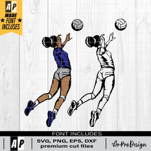Pode incluir: Duas ilustrações em preto e branco de jogadoras de voleibol a bater numa bola. A jogadora à esquerda está a usar um uniforme azul e branco. A jogadora à direita está a usar um uniforme branco. O texto "FONT INCLUDES" está na parte inferior da imagem. O texto "SVG, PNG, EPS, DXF" está abaixo do texto "FONT INCLUDES". O texto "premium cut files" está abaixo do texto "SVG, PNG, EPS, DXF". O texto "AP" está no lado esquerdo da imagem. O texto "Ar ProDesign" está no lado direito da imagem.