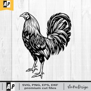 Könnte beinhalten: Schwarz-weiße Illustration eines Hahns im Profil, mit detaillierten Federn und einem markanten Kamm. Der Text "SVG, PNG, EPS, DXF premium cut files" und das Logo "Ar Pro Design" sind enthalten.