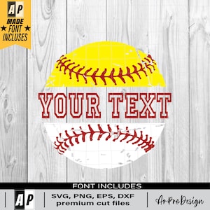 May include: A distressed yellow and white softball with red stitching. The text "YOUR TEXT" is written in red above the softball.