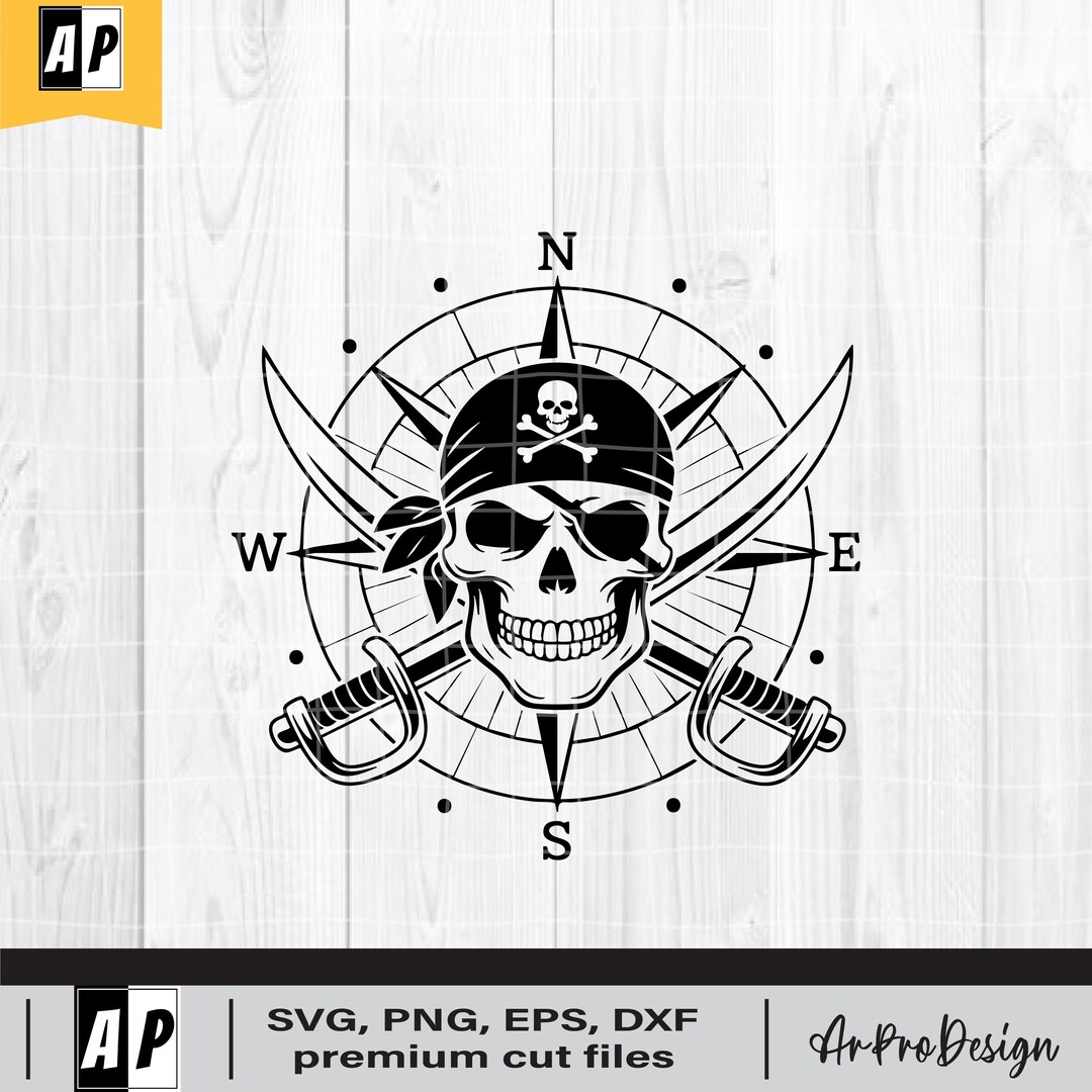 Pirate Skull Compass SVG – Nautical Jolly Roger Clipart With Swords for ...