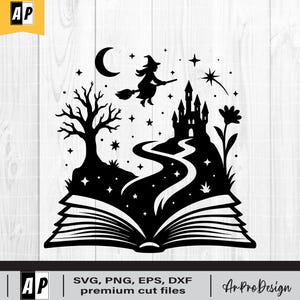 以下が含まれることがあります： 黒いシルエットのデザイン。ほうきに乗った魔女が、三日月と星を背景に、城へと続く曲がりくねった道を飛んでいます。シーンは開いた本の中に収められています。テキスト: "SVG, PNG, EPS, DXF premium cut files"。