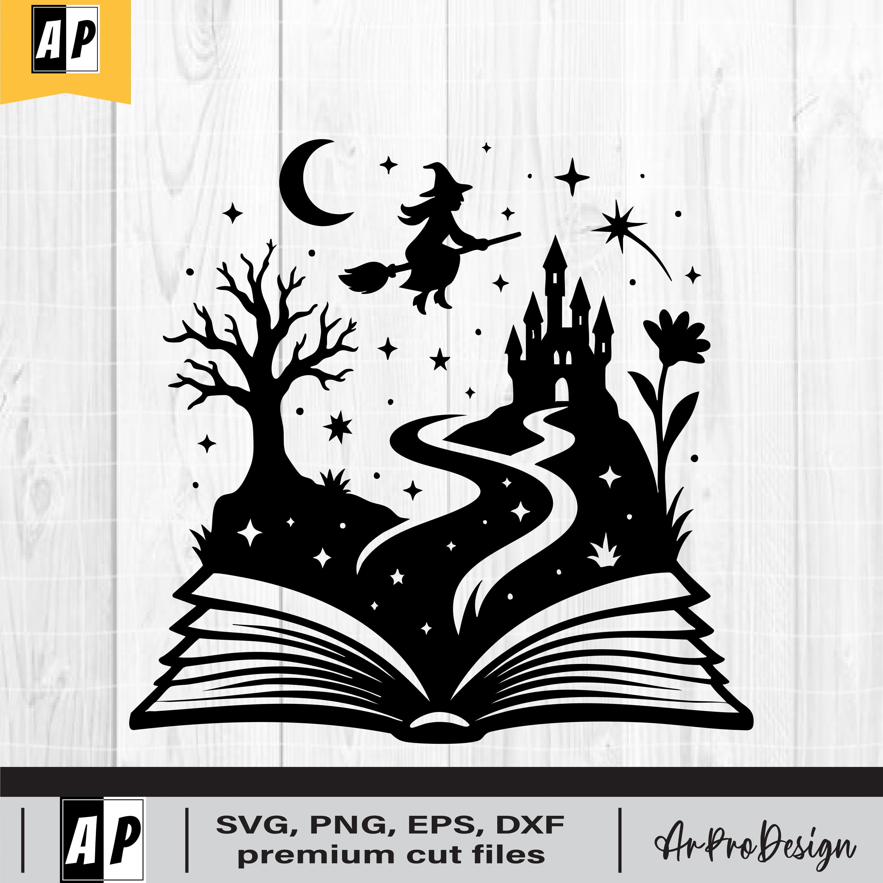 Storybook Witch SVG, Magical Fantasy Castle Clipart, Moon and Stars, Fairy Tale PNG, DXF, Eps for Cricut and Halloween Decor