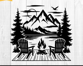 Lake Scene Chairs Dock Svg, Adirondack Chair Campfire Scene PNG, Cabin Life Sublimation, Outdoor Camp Lake View Clipart