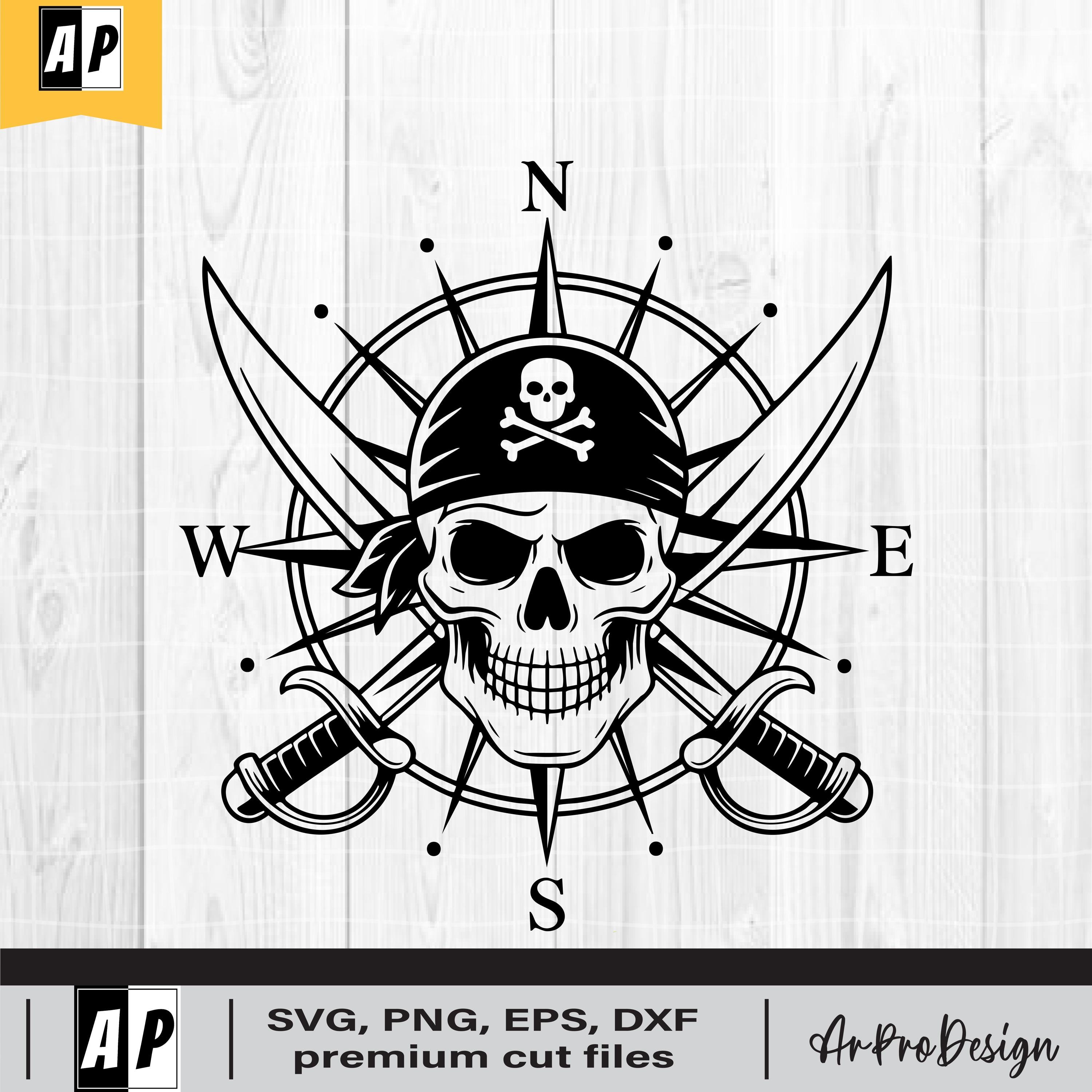 Pirate Skull Compass SVG – Nautical Jolly Roger Clipart With Swords for ...