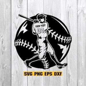 May include: Black and white silhouette of a baseball player swinging a bat in front of a baseball. The player is wearing a jersey with the text "YOUR TEXT" and the number "00". The text "SVG PNG EPS DXF" is at the bottom of the image.