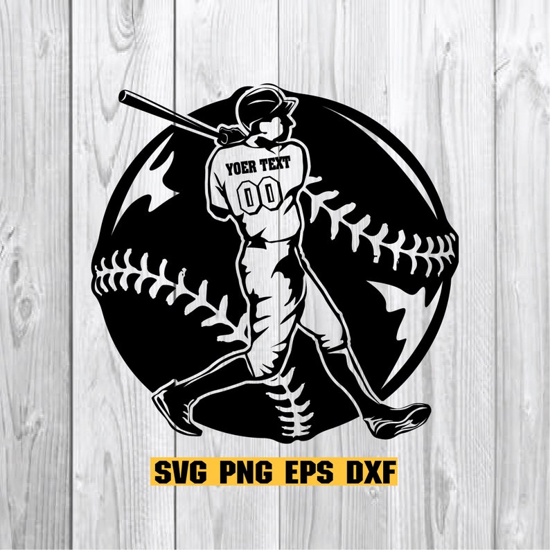 May include: Black and white silhouette of a baseball player swinging a bat in front of a baseball. The player is wearing a jersey with the text "YOUR TEXT" and the number "00". The text "SVG PNG EPS DXF" is at the bottom of the image.