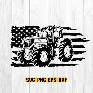 May include: Black and white silhouette of a tractor in front of a distressed American flag. The tractor has large wheels and a cab with a windshield. The flag is tattered and has a faded look. The text "SVG PNG EPS DXF" is below the image.