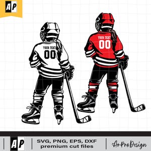May include: Two hockey players wearing jerseys with black and white stripes, one red and one white. Both players are wearing helmets and holding hockey sticks. The jerseys have the text "YOUR TEXT 00" on the back.