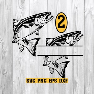 May include: A split monogram design featuring two black and white salmon jumping out of the water. The design is perfect for a personalized gift or home decor. The text "SVG PNG EPS DXF" is at the bottom of the image.