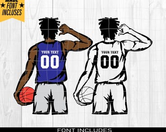 May include: Two basketball players, one in a white jersey and one in a blue jersey, are facing away from the viewer with their arms raised behind their heads. Both players are wearing shorts and have a basketball in their hands. The jerseys have the text "YOUR TEXT" and the number "00" on the back.