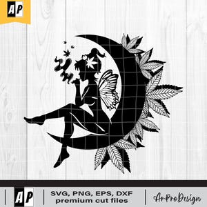 Pode incluir: Silhueta preta e branca de uma fada sentada em uma lua crescente com folhas de maconha ao redor da lua.