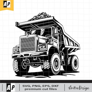 May include: Black and white illustration of a dump truck with a full bed of dirt. The truck has a large front grill and large tires.