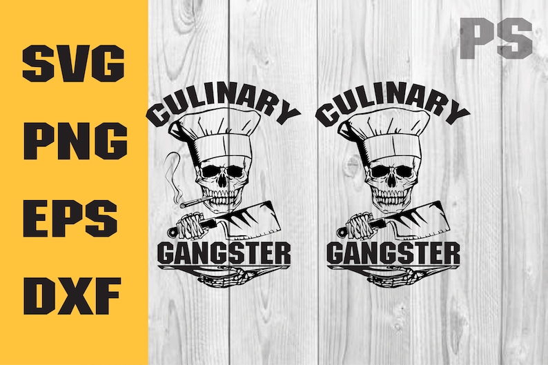 May include: Black and white graphic design featuring a skull wearing a chef's hat holding a butcher knife. The text "Culinary Gangster" is written in a bold font.