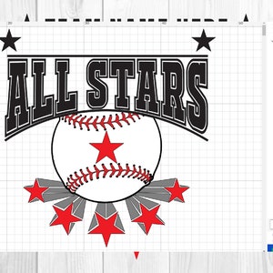 K&ouml;nnte beinhalten: Ein schwarz-wei&szlig;es Grafikdesign mit dem Text "ALL STARS" in fetter Schrift. Ein Baseball mit roten N&auml;hten und einem roten Stern befindet sich mittig unter dem Text. F&uuml;nf rote Sterne mit grauen Umrissen sind in einem Sternenausbruch unter dem Baseball angeordnet.