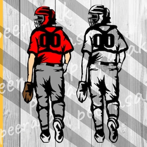 May include: A black and white illustration of a baseball player wearing a jersey with the number "00" on the back. The player is walking away from the viewer with a baseball glove in their hand.