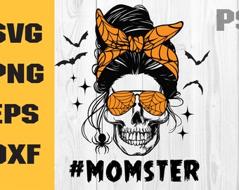 Momster Svg, Halloween Skull Mom Messy Hair Bun Monster Svg, Monster Halloween Svg, Skull Mom Svg, Descarga digital