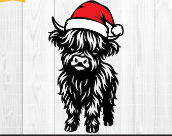 Könnte beinhalten: Schwarz-weiße Illustration einer Hochlandkuh mit roter Weihnachtsmütze. Die Kuh hat langes, zotteliges Fell und steht. Das Bild enthält den Text "SVG, PNG, EPS, DXF premium cut files" und das Ar Pro Design Logo.