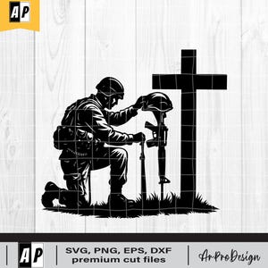 Soldier Kneeling Praying at Memorial Cross Svg, Military Kneeling at Cross Clipart, Fallen Soldier Svg, Soldier Remembrance PNG DXF EPS