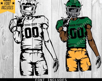 Könnte beinhalten: Zwei schwarz-weiße Silhouette-Illustrationen von American-Football-Spielern, die Helme und Trikots tragen. Der Spieler links trägt ein weißes Trikot mit dem Text "YOUR TEXT" und der Nummer "00". Der Spieler rechts trägt ein grünes Trikot mit dem Text "YOUR TEXT" und der Nummer "00".