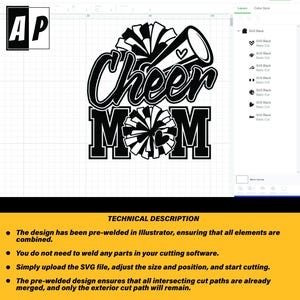 Może przedstawiać: Czarno-biały projekt pliku do cięcia SVG z megaphone'm cheerleaderek i pomponami z tekstem "Cheer Mom".