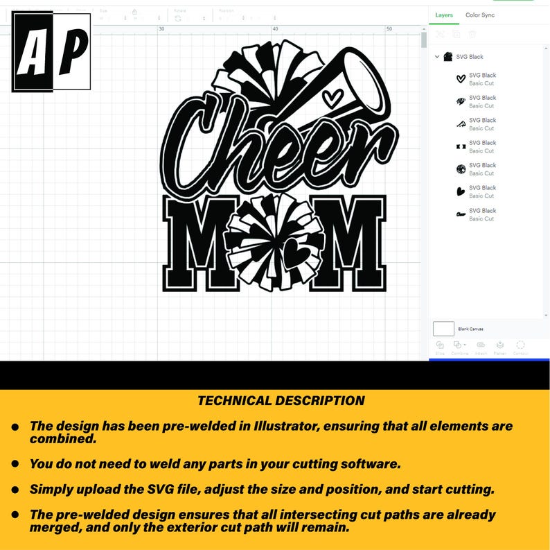 Może przedstawiać: Czarno-biały projekt pliku do cięcia SVG z megaphone'm cheerleaderek i pomponami z tekstem "Cheer Mom".