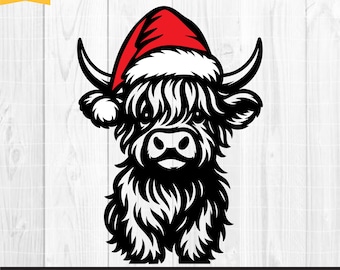 Könnte beinhalten: Schwarz-weiße Illustration einer Hochlandkuh mit rotem Weihnachtsmütze. Die Kuh hat langes, zotteliges Fell und gebogene Hörner. Das Bild enthält den Text "SVG, PNG, EPS, DXF premium cut files" und das Logo "Ar Pro Design".