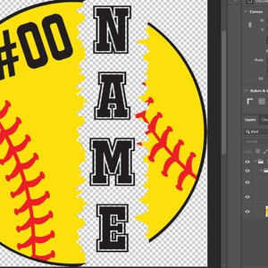 May include: A yellow softball with red stitching is split in half, with the text "#00" on the left side and the text "NAME" on the right side. The letters are black and have a bold, blocky font.