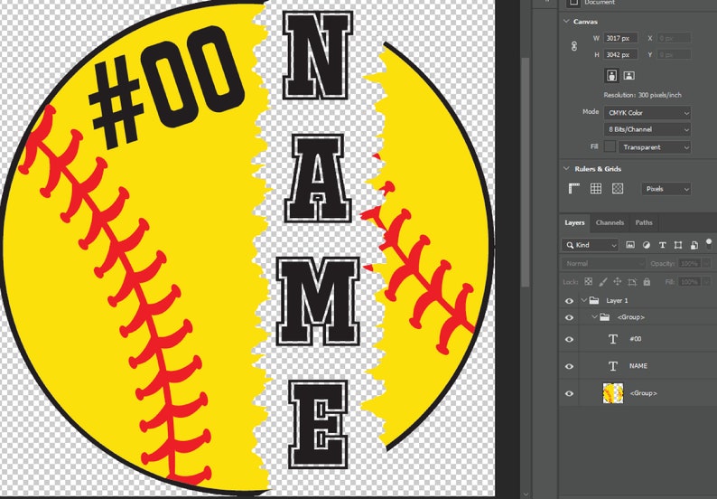 May include: A yellow softball with red stitching is split in half, with the text "#00" on the left side and the text "NAME" on the right side. The letters are black and have a bold, blocky font.