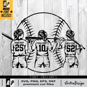 Op de afbeelding: Zwarte en witte silhouet van drie softbalspelers met hun rug naar de kijker. De spelers dragen shirts met de nummers 25, 10 en 52. De tekst "Your Text" staat boven elk nummer. De spelers staan voor een softbal.