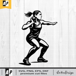 May include: Black and white graphic of a female shot put athlete in action. The athlete is depicted in a dynamic pose, holding the shot put and preparing to throw. The image includes the text "SVG, PNG, EPS, DXF premium cut files" and "Ar Pro Design".