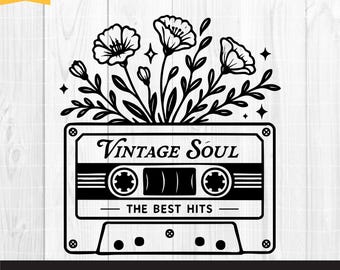 Floral Cassette Tape Svg, Vintage Soul Svg, Retro Svg, Wildflower Svg, Nostalgic Music Cut File PNG DXF EPS